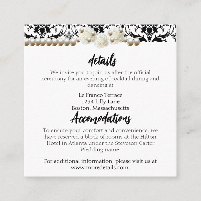 Chic Black & White Damask Pearl Wedding Begleitkarte (Vorderseite)