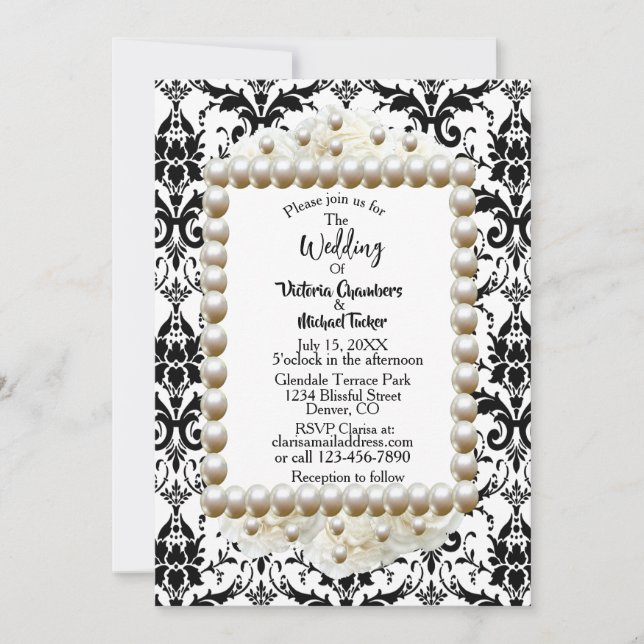 Chic Black $ White Damask Pearl Wedding Einladung (Vorderseite)