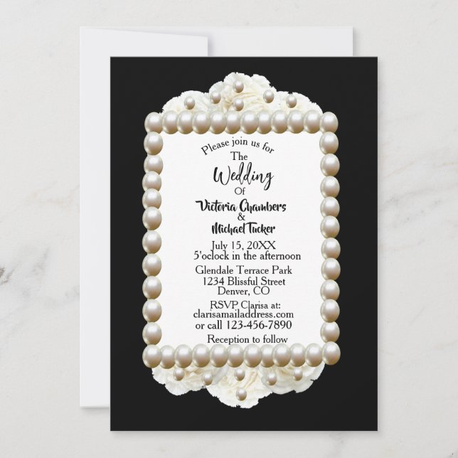 Chic Black $ White Damask Pearl Wedding Einladung (Vorderseite)