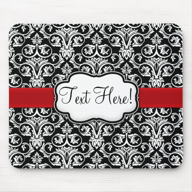 Chic Black/White Damask Red Ribbon Mousepad (Vorne)
