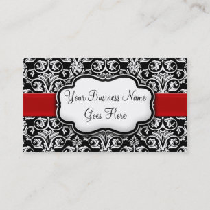 Chic Black/White Damask Red Ribbon Visitenkarte