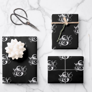 Chic Black & White Distressed Script Monogram Geschenkpapier Set