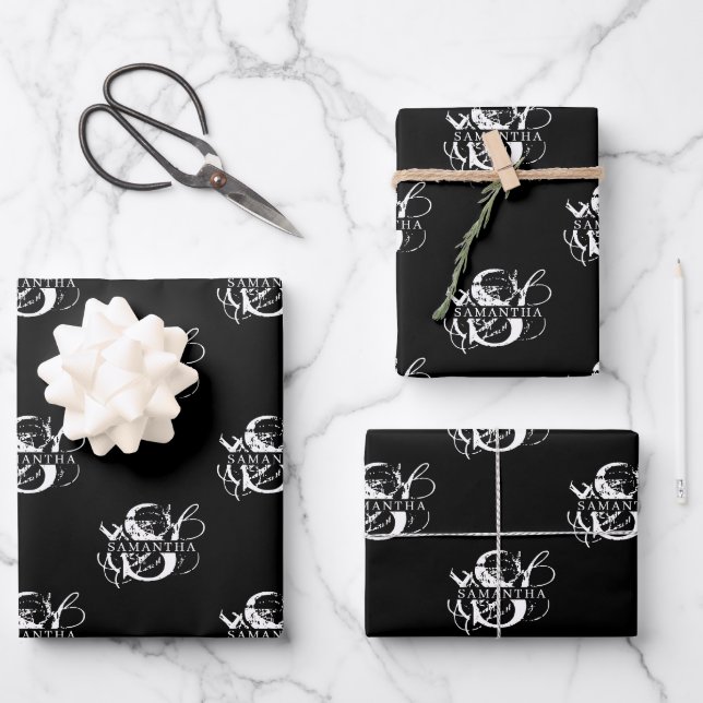 Chic Black & White Distressed Script Monogram Geschenkpapier Set (Vorderseite)