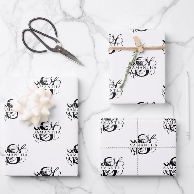 Chic Black & White Distressed Script Monogram Geschenkpapier Set (Vorderseite)
