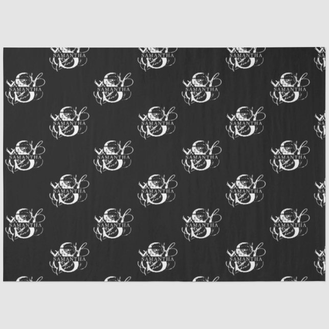 Chic Black & White Distressed Script Monogram Seidenpapier (Vorderseite)