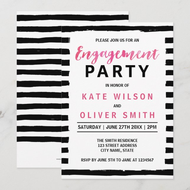 Chic Black & White Engagement Party Einladung (Vorne/Hinten)