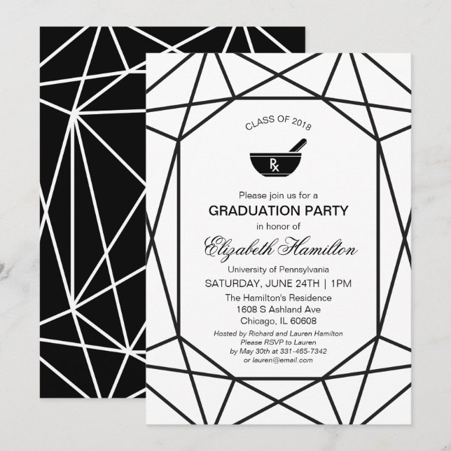 Chic Black & White Gem Pharmacy School Grad Party Einladung (Vorne/Hinten)