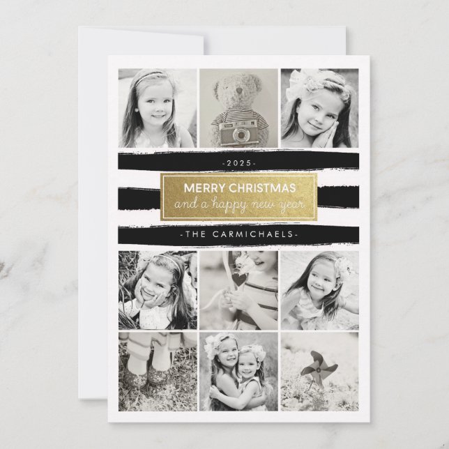 Chic Black White Gold Photo Collage Carte Vacances (Devant)