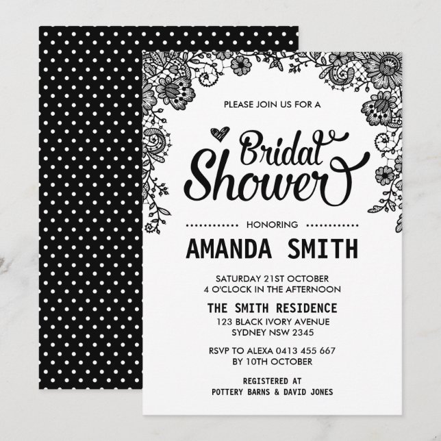 Chic Black & White Lace Bridal Dusche Einladung (Vorne/Hinten)