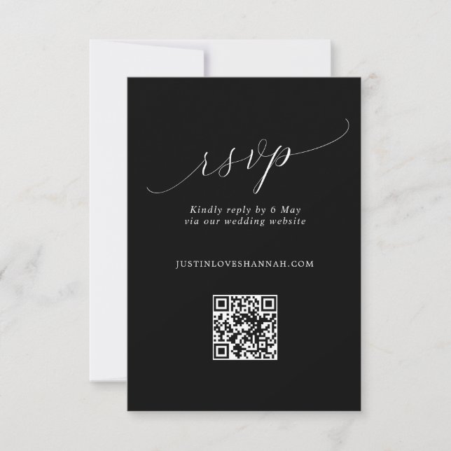 Chic Black & White Romantic Script Wedding QR Code RSVP Karte (Vorderseite)