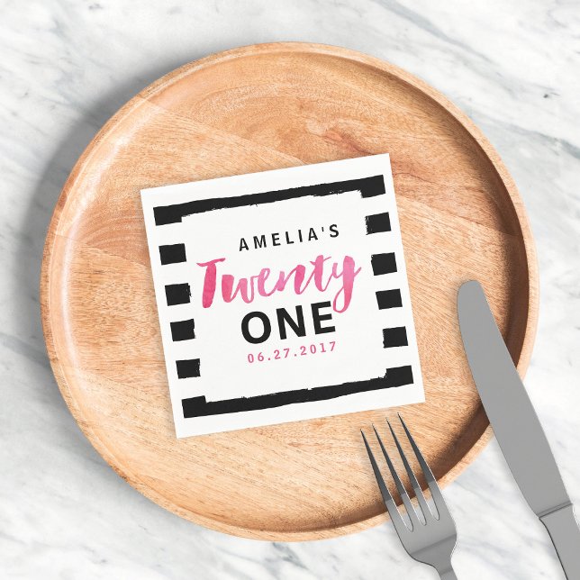 Chic Black & White Streifen Pink 21. Geburtstag Serviette (Von Creator hochgeladen)