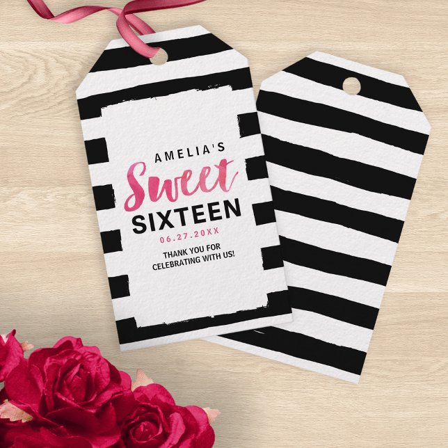 Chic Black & White Streifen Pink Sweet 16 Geburtst Geschenkanhänger (Von Creator hochgeladen)