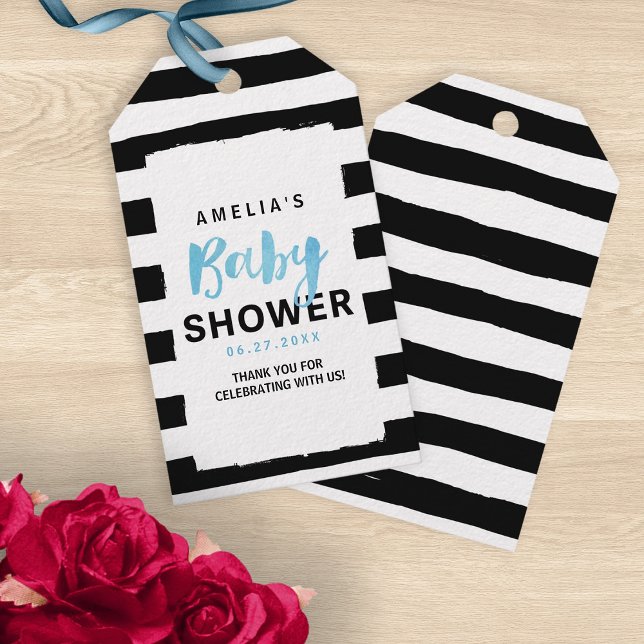 Chic Black & White Stripes Blue Baby Dusche Geschenkanhänger (Von Creator hochgeladen)