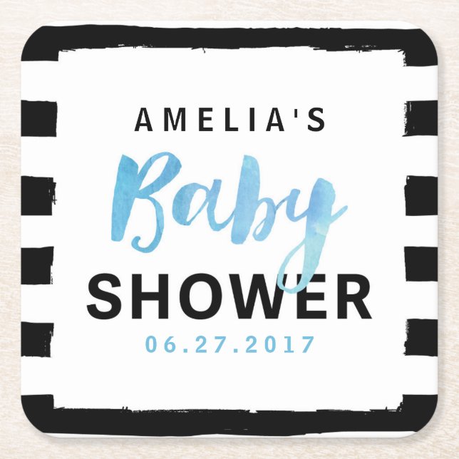 Chic Black & White Stripes Blue Baby Dusche Rechteckiger Pappuntersetzer (Vorderseite)