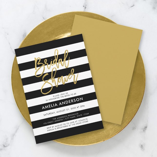 Chic Black & White Stripes Imitate Gold Brautparty Einladung (Von Creator hochgeladen)