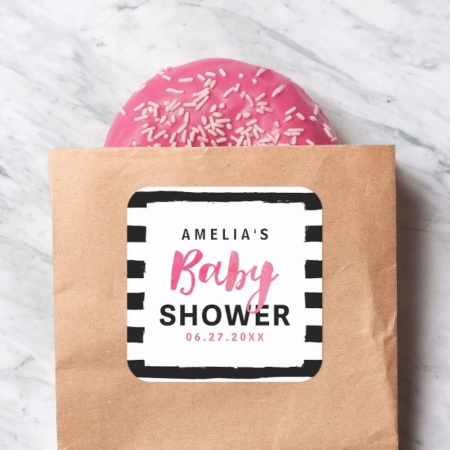 Chic Black & White Stripes Pink Babydusche Quadratischer Aufkleber (Von Creator hochgeladen)