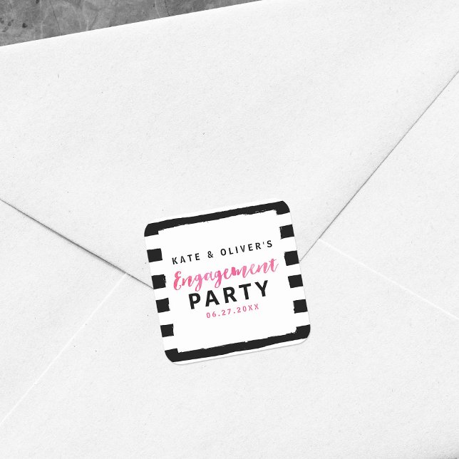 Chic Black & White Stripes Pink Engagement Party Quadratischer Aufkleber (Von Creator hochgeladen)