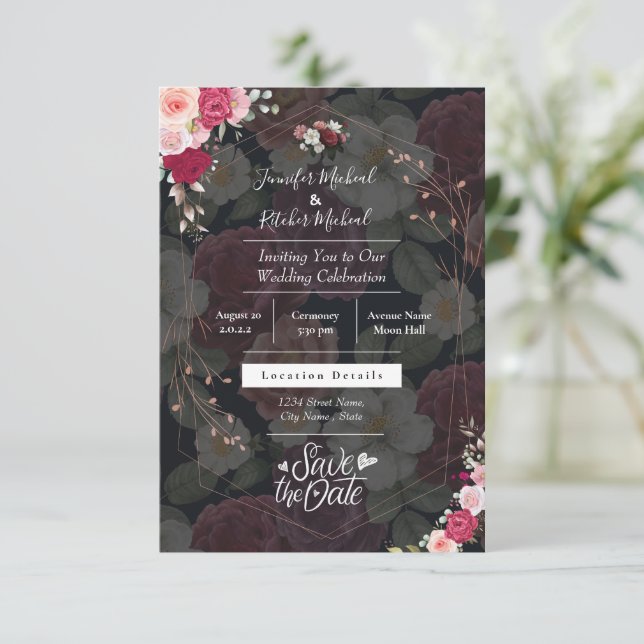 Chic Black & White Theme mit Burgund-Blume  Einladung (Stehend Vorderseite)