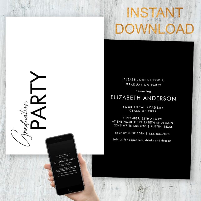 Chic Black & White Typografy Graduation Party Einladung (Von Creator hochgeladen)