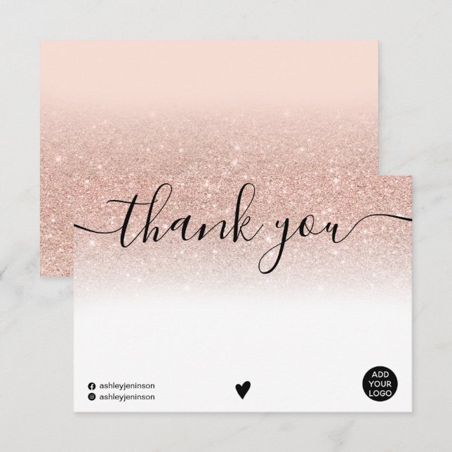 Chic Blanc Dankeschön Rose gold Glitzer ombre Logo Dankeskarte (Vorne/Hinten)