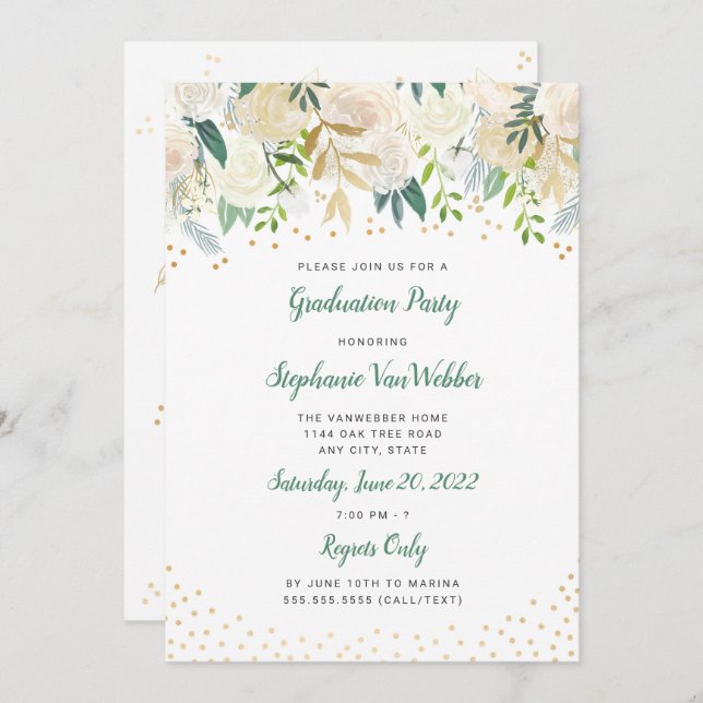Chic Blanc Floral Gold Confetti Invitations de gra (Devant / Derrière)