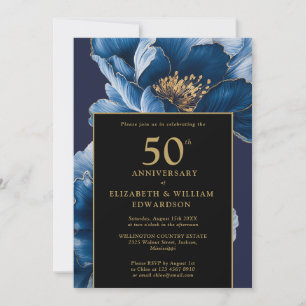 Chic Blau Blütenschwarz und Gold 50 Jahre alt Einladung