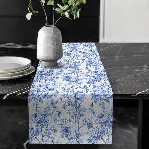 Chic Blaue Französische Toile-Rosen Florale Tischl Großer Tischläufer