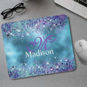 Chic Blaue pink irisierende Glitter-Monogramm Mousepad