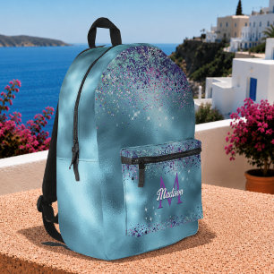 Chic Blaue pink irisierende Glitzer-Monogramm Bedruckter Rucksack