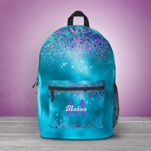 Chic Blaue pink irisierende Glitzer-Monogramm Bedruckter Rucksack