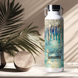 Chic blaue Türkis-Gold-Glitter-Tropfen-Monogramm Trinkflasche
