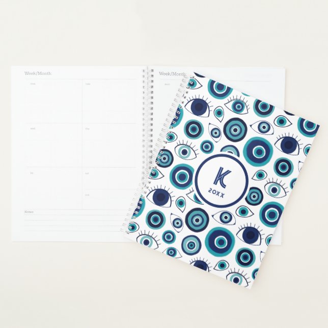 Chic Blaue Weiße Griechische Böser Blick Monogramm Planer (Anzeige)