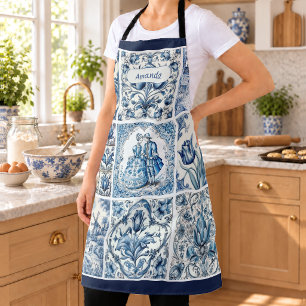 Chic Blaue weiße Rahmen Toile de Jouy Monogramm Schürze
