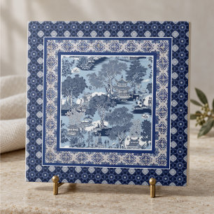 Chic Blaue weiße Weide Chinoiserie Toile Monogramm Fliese