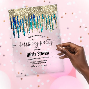 Chic blauer türkis goldfarbener Glitzer Tropfen Ge Acryleinladungen