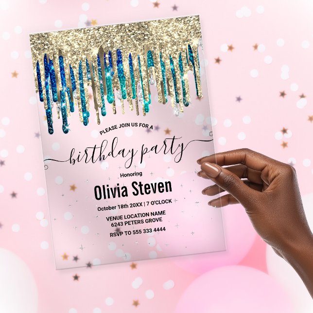 Chic blauer türkis goldfarbener Glitzer Tropfen Ge Acryleinladungen (Von Creator hochgeladen)