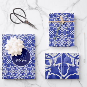 Chic Blaugraue Monogramm Anfangsbuchstabe Familien Geschenkpapier Set