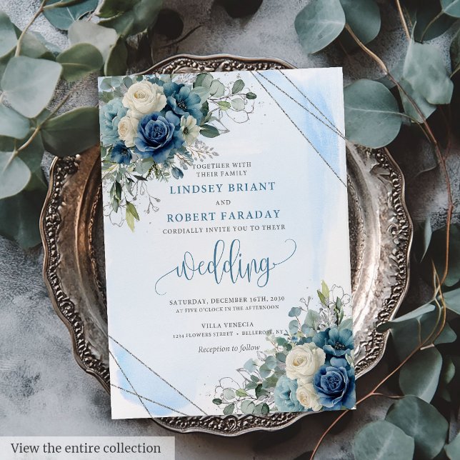 Chic bleu foncé Faire-part de mariage argent (Chic Dark Blue White Silver Wedding Invitation Card)