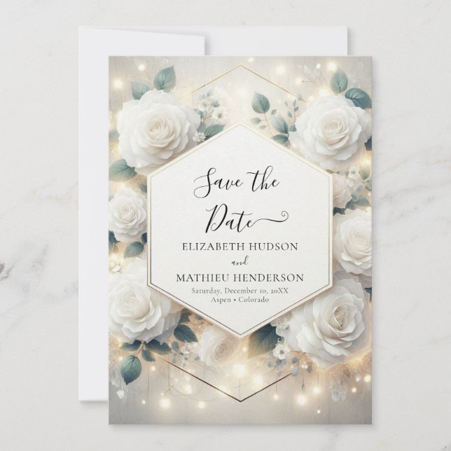 Chic Bloom White Roses Wedding Save The Date (Vorderseite)