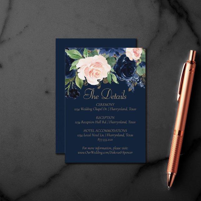 Chic Blooms | Dunkle Marine und Blush Guest Detail Begleitkarte (Von Creator hochgeladen)