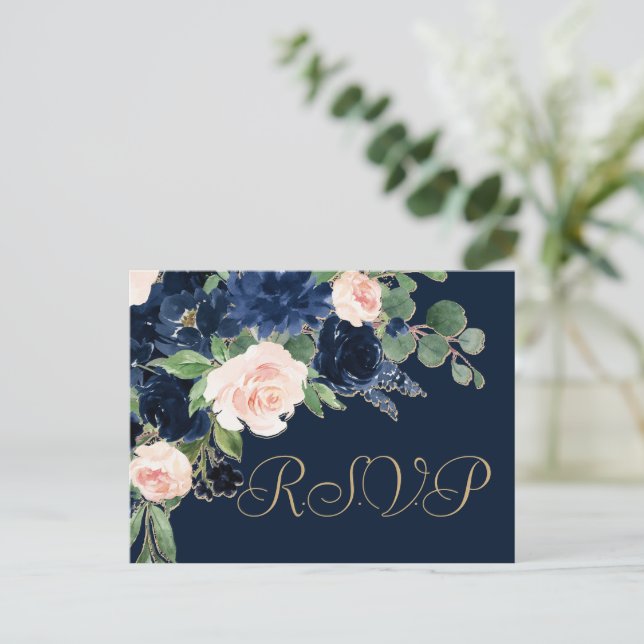 Chic Blooms | Dunkles Navy Blau und Blush Pink Ent Postkarte (Stehend Vorderseite)