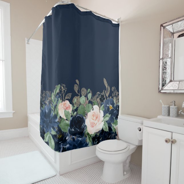 Chic Blooms | Dunkles Navy Blau und Blush Pink Ros Duschvorhang (Beispiel)