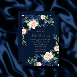 Chic Blooms   Dunkles Navy Blau und Rosa Rosa Blüt Einladung
