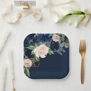 Chic Blooms Dunkles Navy Blau und Rosa Rosa Blüt Pappteller