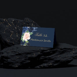 Chic Blooms | Dunkles Navy Blau und Rosa Rosa Blüt Platzkarte