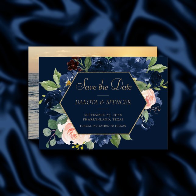 Chic Blooms | Dunkles Navy Blue und Blush Pink Fot Save The Date (Von Creator hochgeladen)