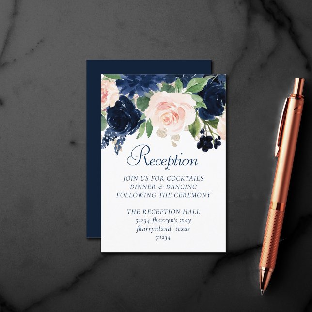 Chic Blooms | Empfang Navy Blue und Blush Pink Begleitkarte (Von Creator hochgeladen)