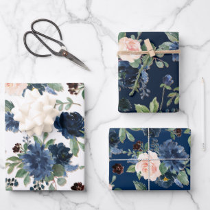 Chic Blooms   Marineblau- und Rosenblütenmuster Geschenkpapier Set