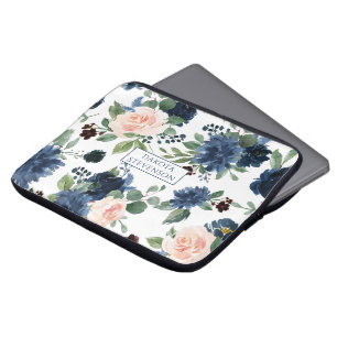 Chic Blooms Monogramm Navy Blue und Blush Floral Laptopschutzhülle