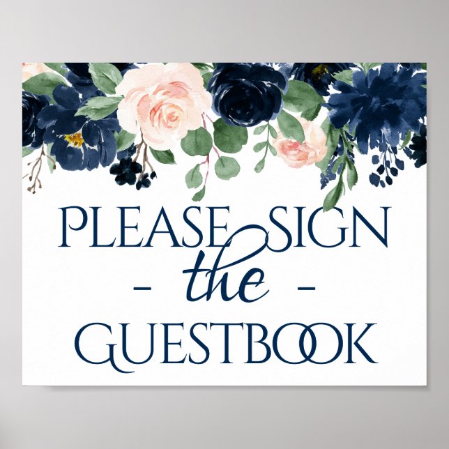 Chic Blooms | Navy Blue and Blush Guestbook Signat Poster (Vorne)